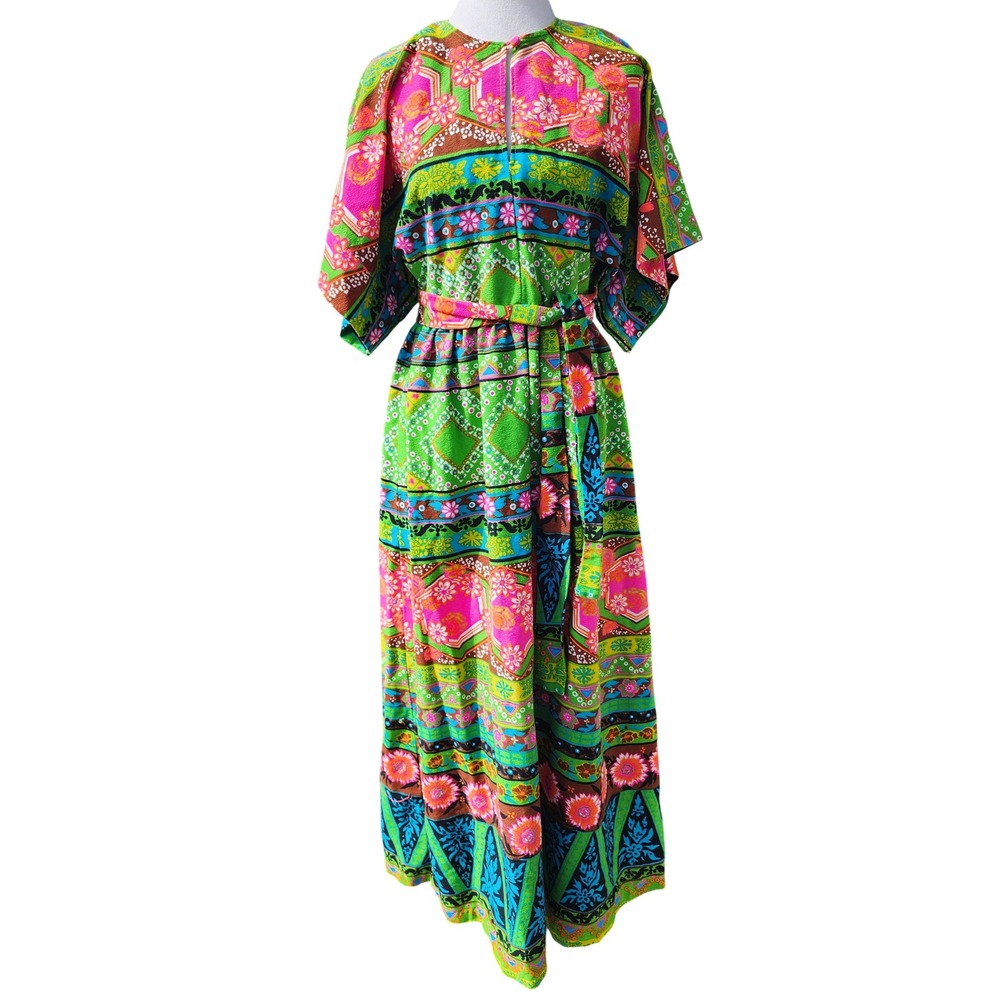 Vintage 70s  Ethnics Maxi Dress Green Pink Floral Barkcloth Tiki Boho MOD